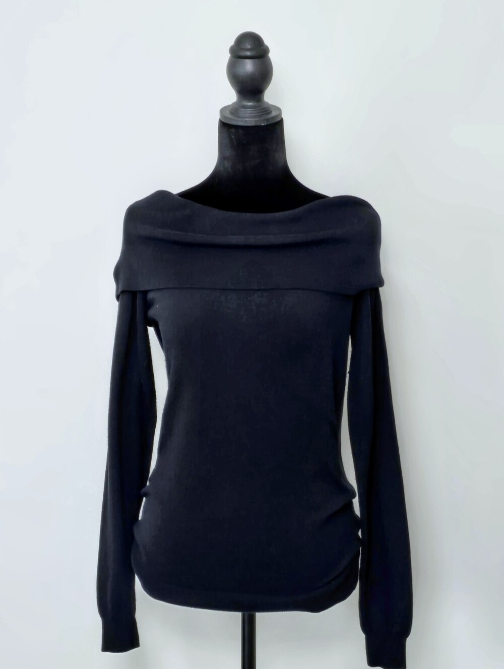 Joan Vass Black Off-the-Shoulder Folded-Neck Sweater